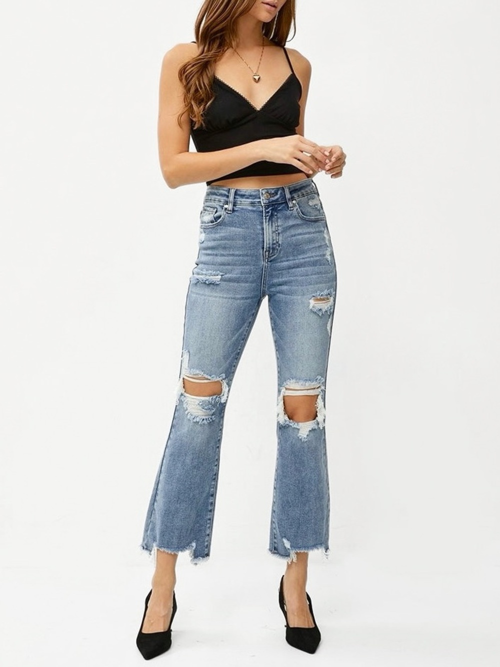 Risen Distressed Ankle Flare Jeans High Waisted RDP5712